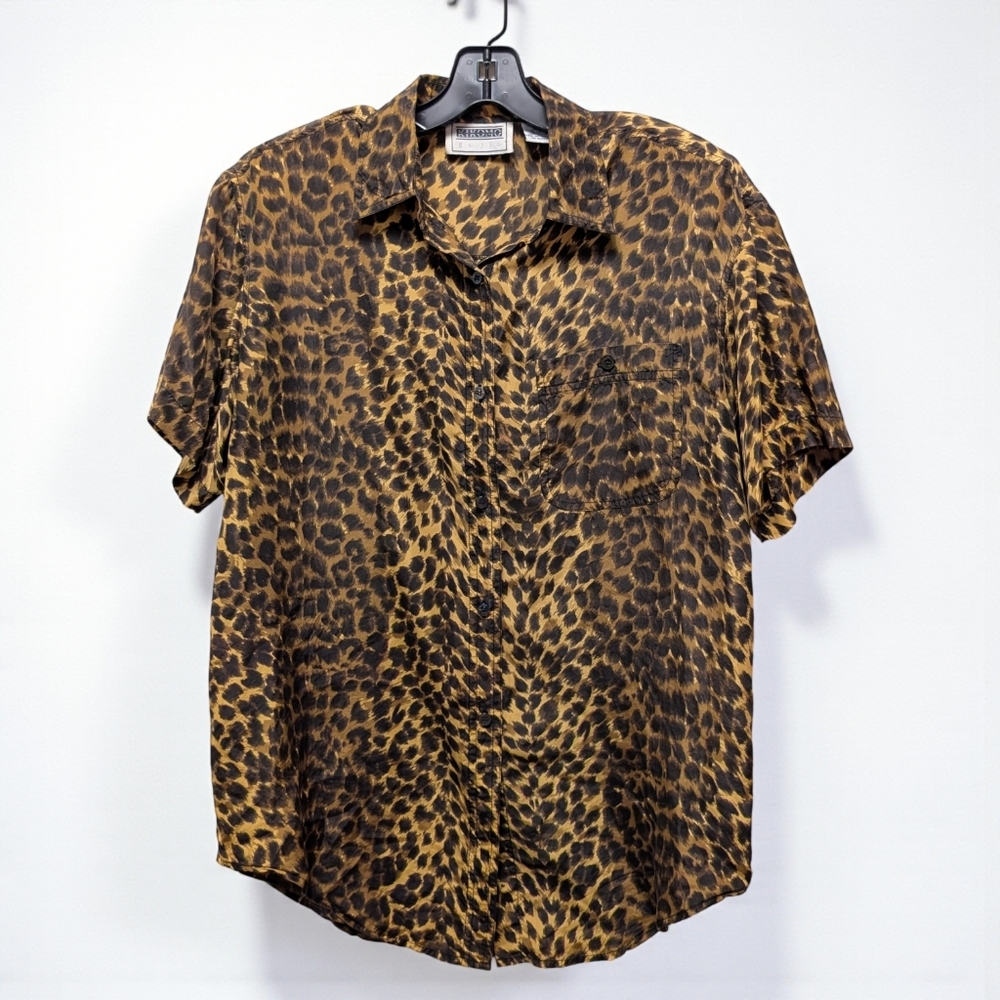 Vintage 90s Y2K Kikomo Basic Silk Leopard Print Blouse Retro Shoulder Pad Glam M